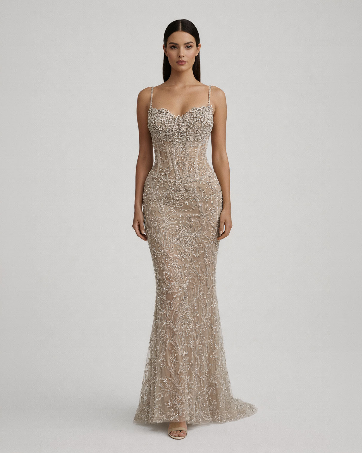Nude Silver Embellished Illusion Corset Gown