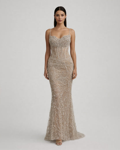 Nude Silver Embellished Illusion Corset Gown