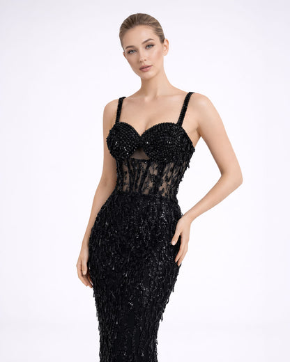 Black Embellished Illusion Corset Evening Gown