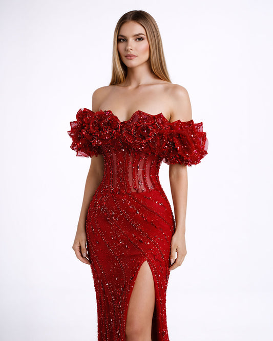 Red Off-Shoulder Embellished Evening Gown with Slit