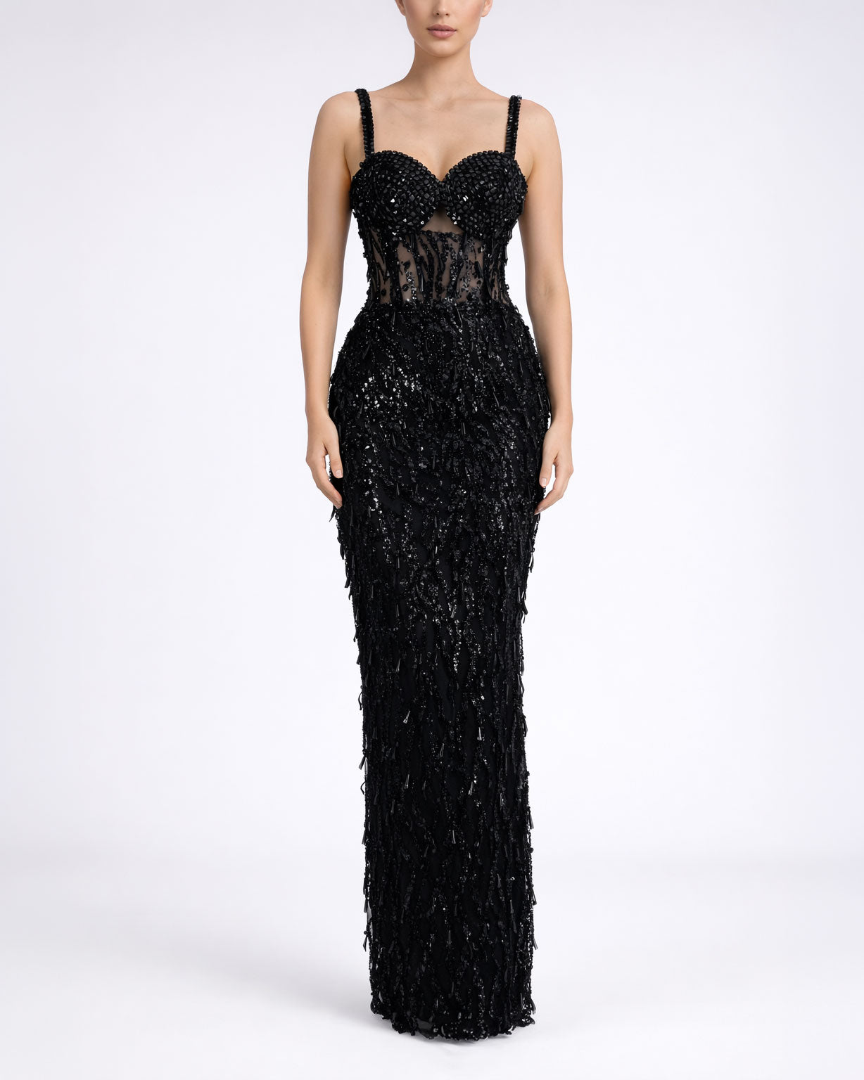 Black Embellished Illusion Corset Evening Gown