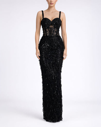 Black Embellished Illusion Corset Evening Gown