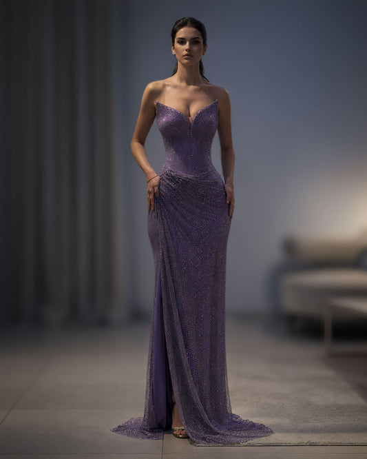 Purple Crystal Corset Evening Gown with Draped Skirt and Slit