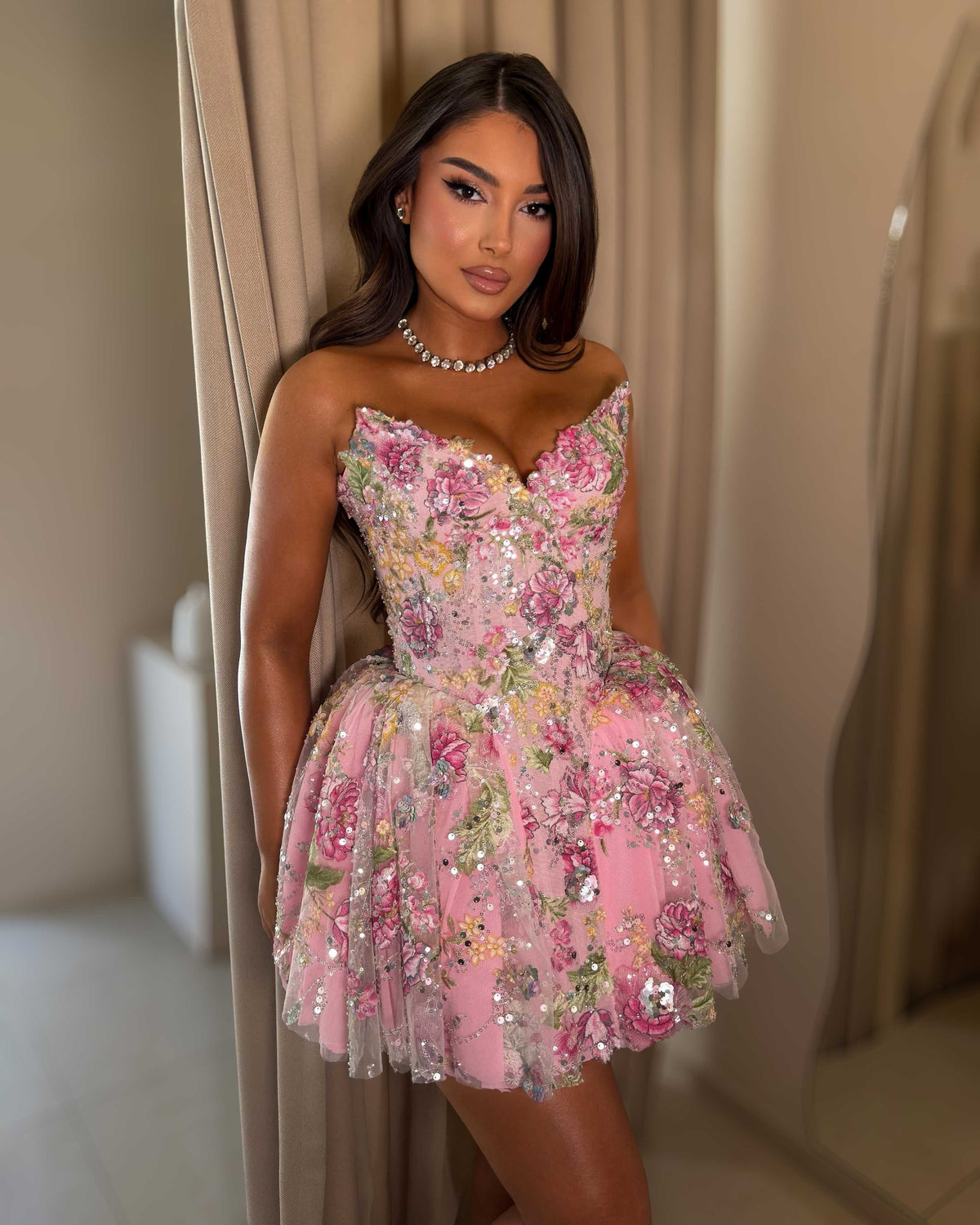 Pink Floral Embellished Corset Mini Dress