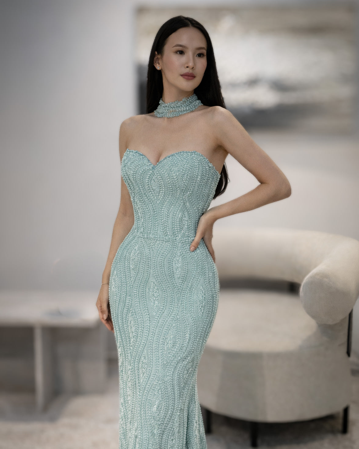 Mint Beaded Strapless Column Gown with Choker Neck Detail