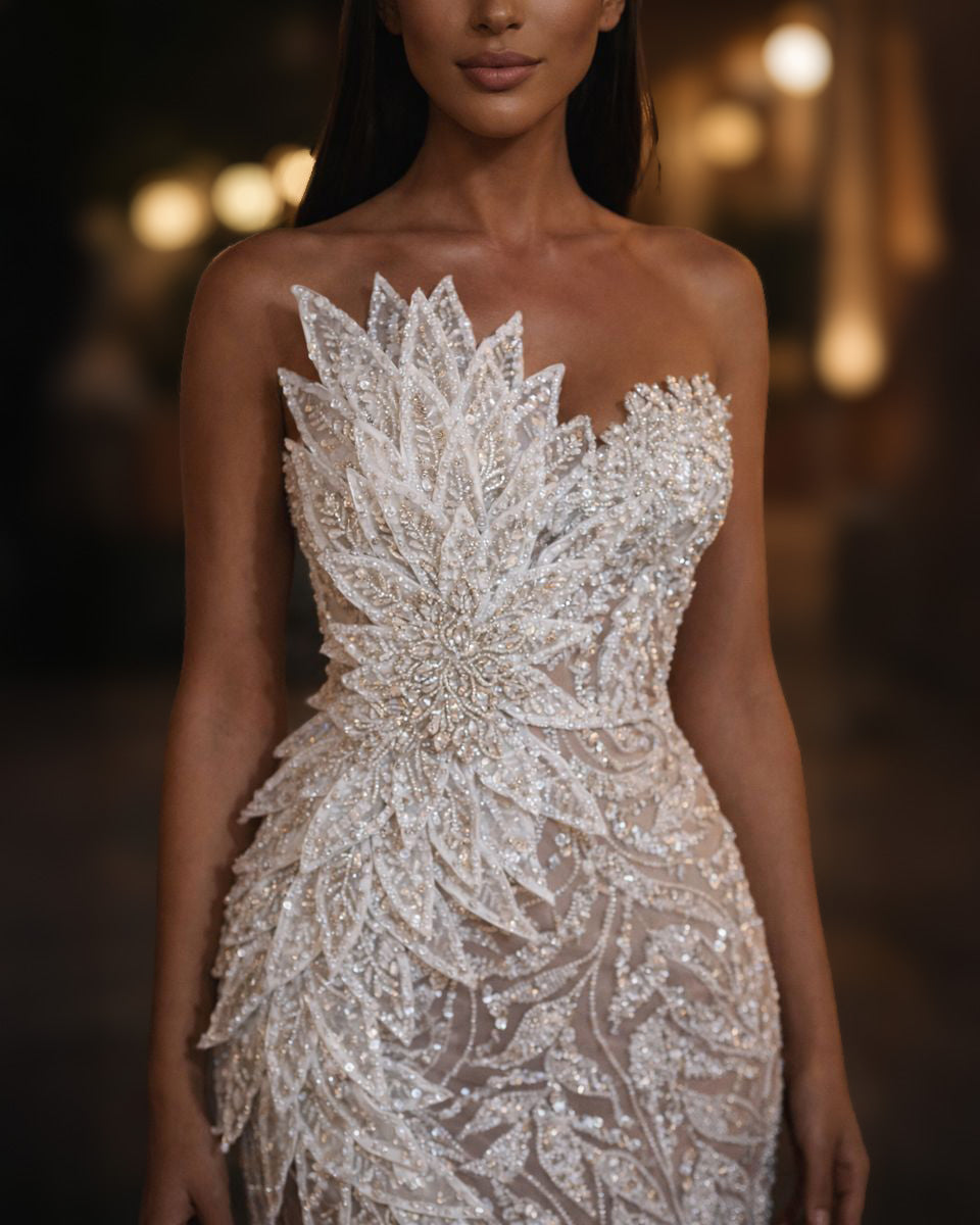 Ivory Crystal Strapless Bridal Dress with Asymmetrical Train