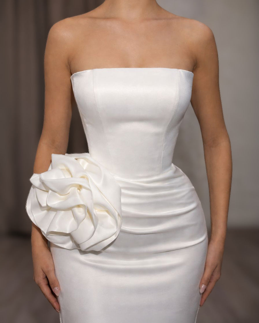 Ivory Strapless Column Bridal Gown with Sculpted Floral Accent