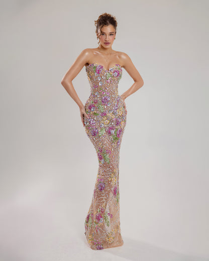 Nude Floral Embellished Strapless Mermaid Gown