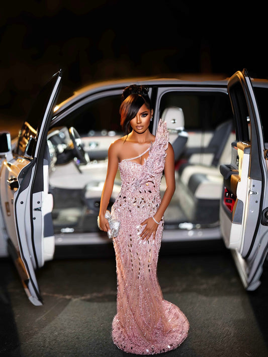 Pink Crystal One-Shoulder Corset Dress with Sculpted Fit