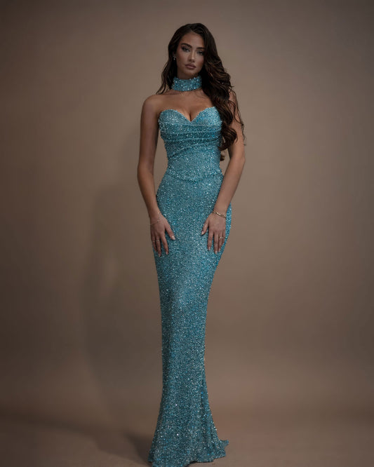 Teal Crystal Strapless Evening Gown with Choker Neck