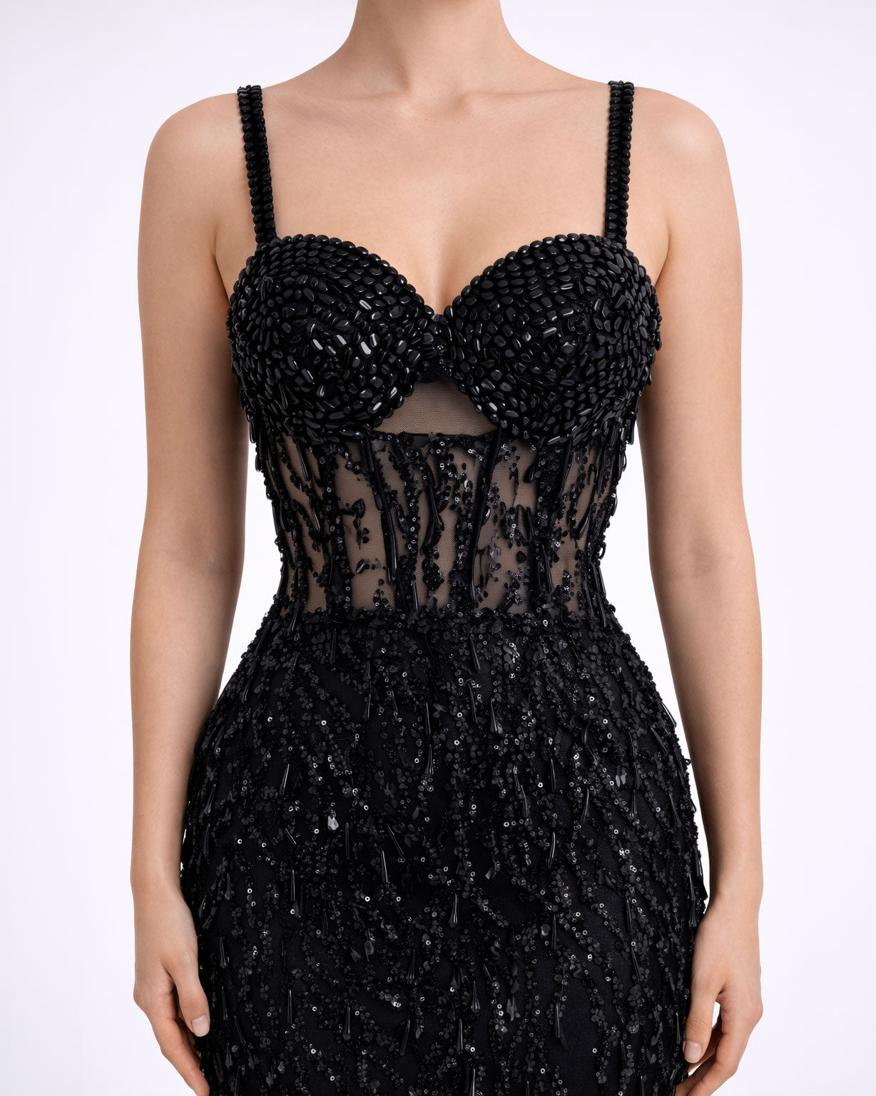 Black Embellished Illusion Corset Evening Gown