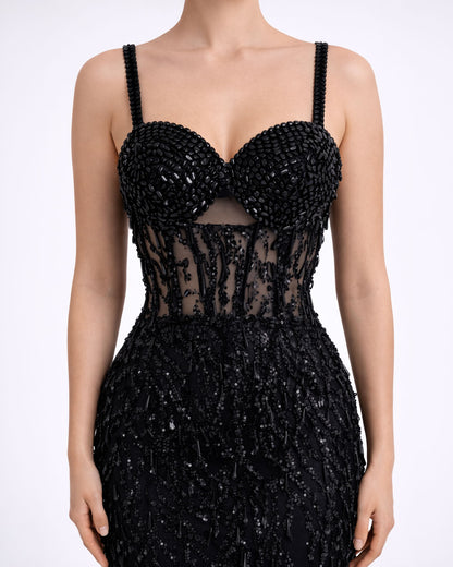 Black Embellished Illusion Corset Evening Gown