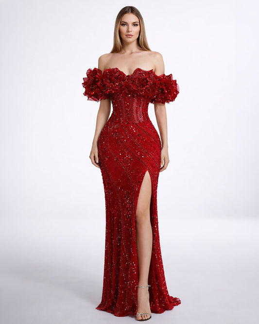Red Off-Shoulder Embellished Evening Gown with Slit