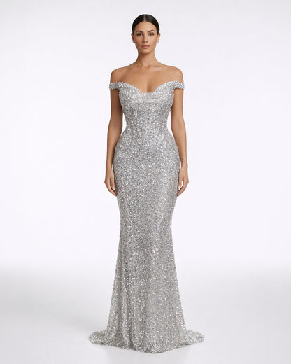 Silver Crystal Off-Shoulder Mermaid Gown