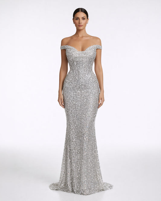 Silver Crystal Off-Shoulder Mermaid Gown