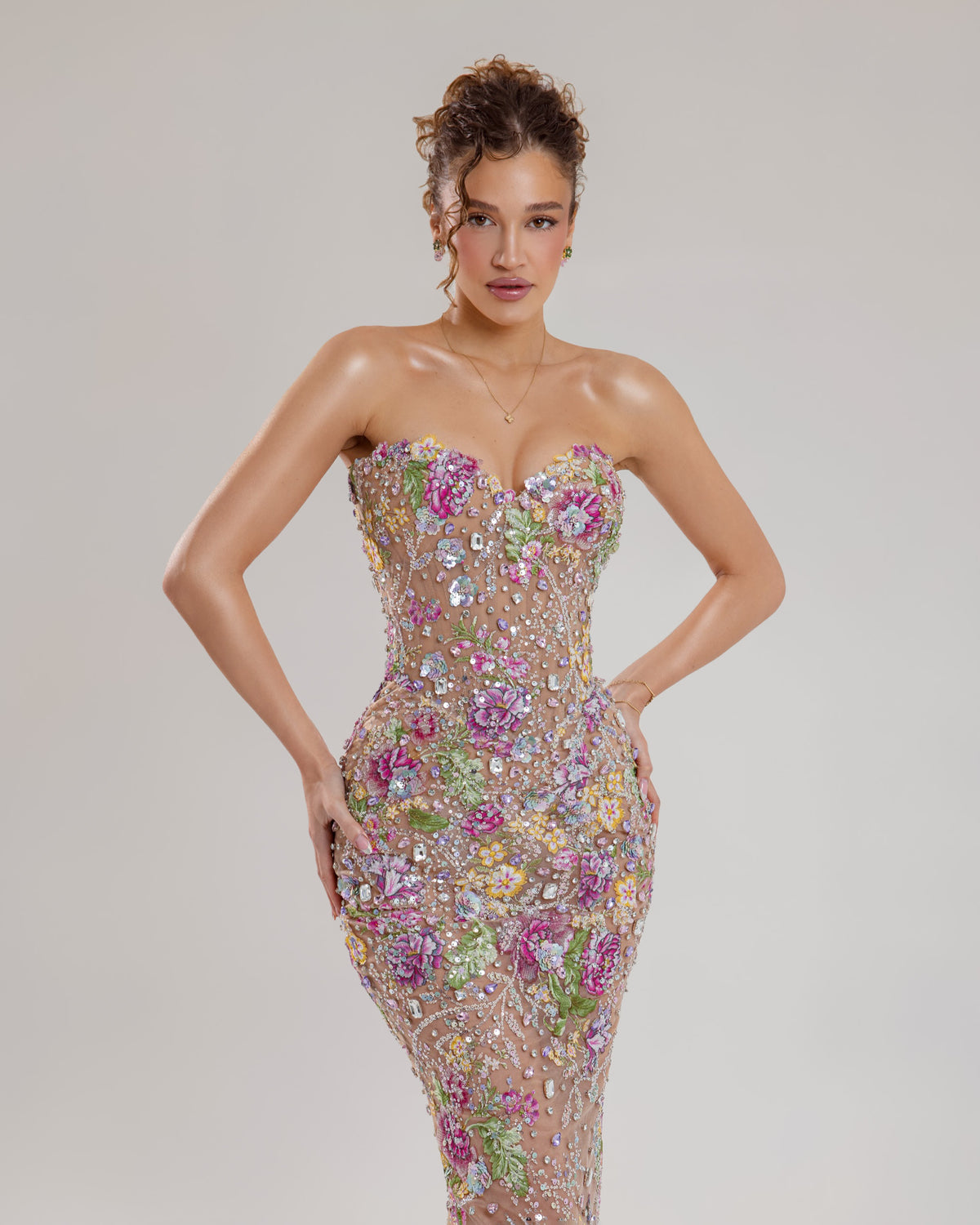 Nude Floral Embellished Strapless Mermaid Gown