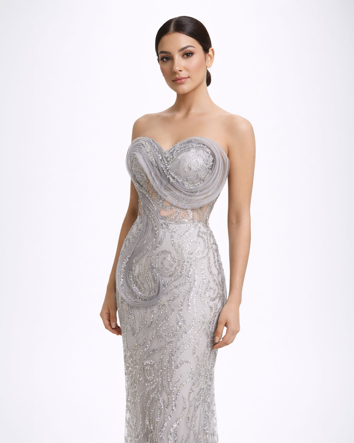 Silver Embellished Strapless Evening Gown