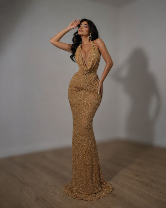Gold Glitter Plunge Halter Evening Gown with Draped Waist
