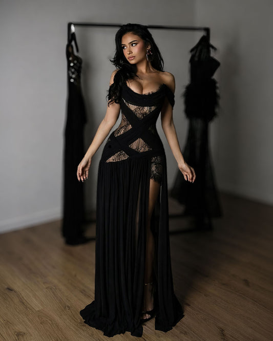 Black Lace Corset Evening Gown with Sheer Panels and High Slit