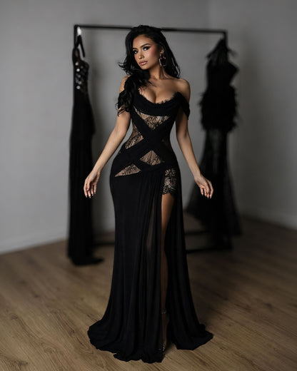 Black Lace Corset Evening Gown with Sheer Panels and High Slit