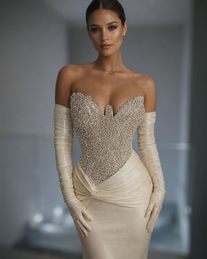 Champagne Satin Corset Evening Gown with Crystal Bodice and Gloves