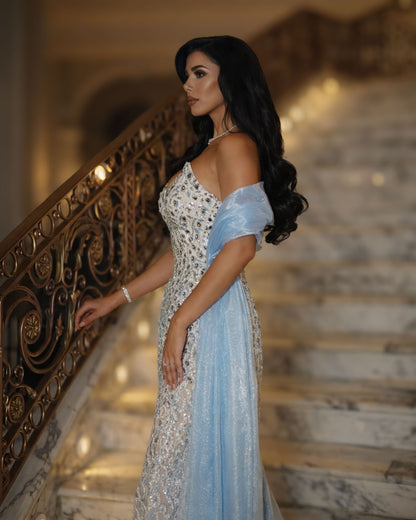 Champagne Crystal Corset Gown with Blue Sheer Drape Train