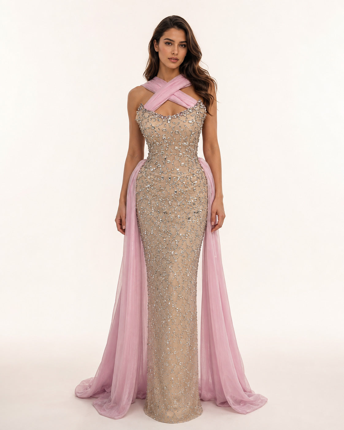 Robe de cristal nude avec détail dos nu drapé rose
