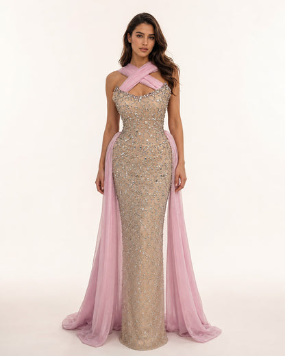 Robe de cristal nude avec détail dos nu drapé rose