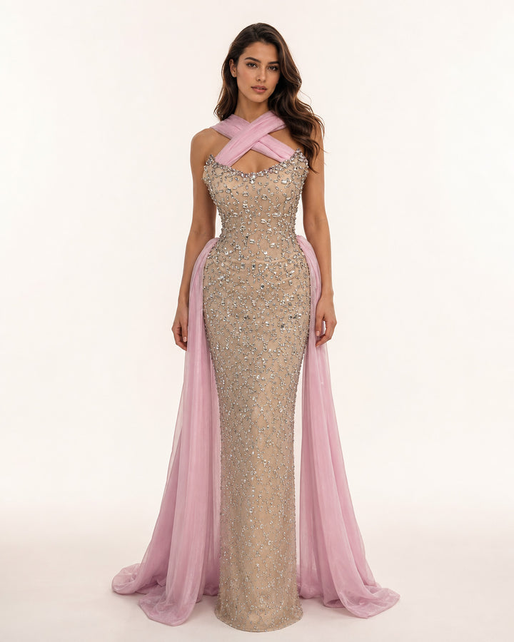Nude Crystal Gown with Pink Draped Halter Detail