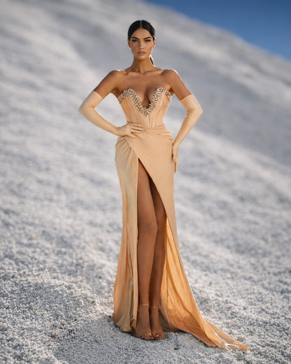 Champagne Crystal Corset Gown with Draped Skirt, Gloves and High Slit