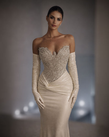 Champagne Satin Corset Evening Gown with Crystal Bodice and Gloves