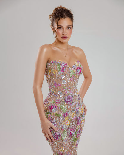 Nude Floral Embellished Strapless Mermaid Gown