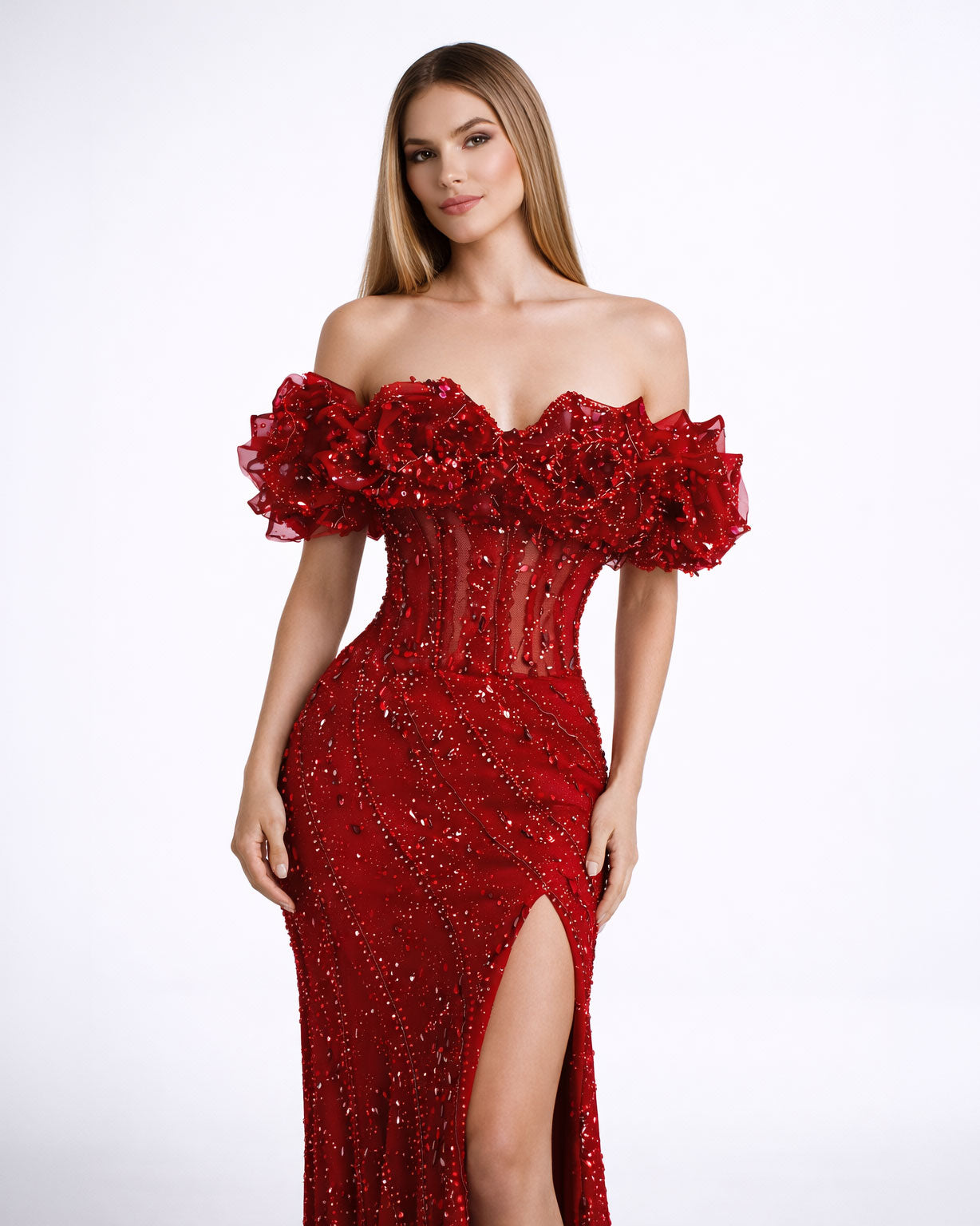 Red Off-Shoulder Embellished Evening Gown with Slit