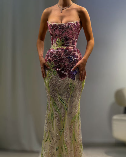 Strapless Floral Crystal Mermaid Gown