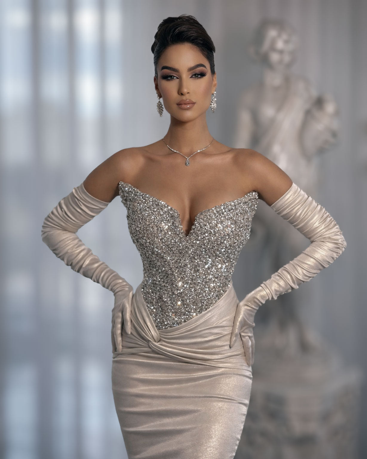 Champagne Crystal Corset Mermaid Evening Gown with Satin Gloves