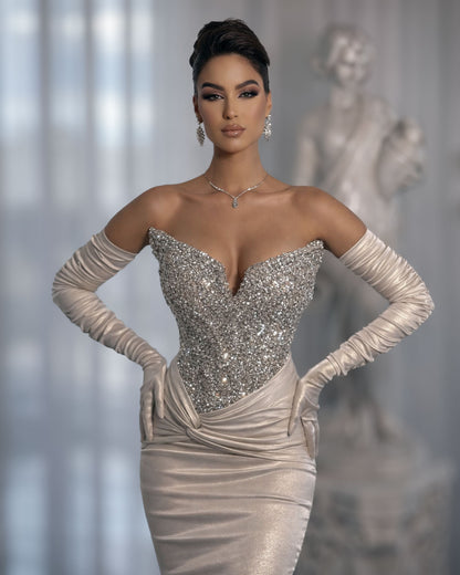 Champagne Crystal Corset Mermaid Evening Gown with Satin Gloves