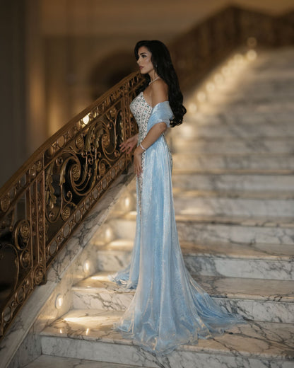 Champagne Crystal Corset Gown with Blue Sheer Drape Train