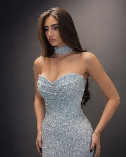Ice Blue Crystal Strapless Evening Gown with Choker Neck