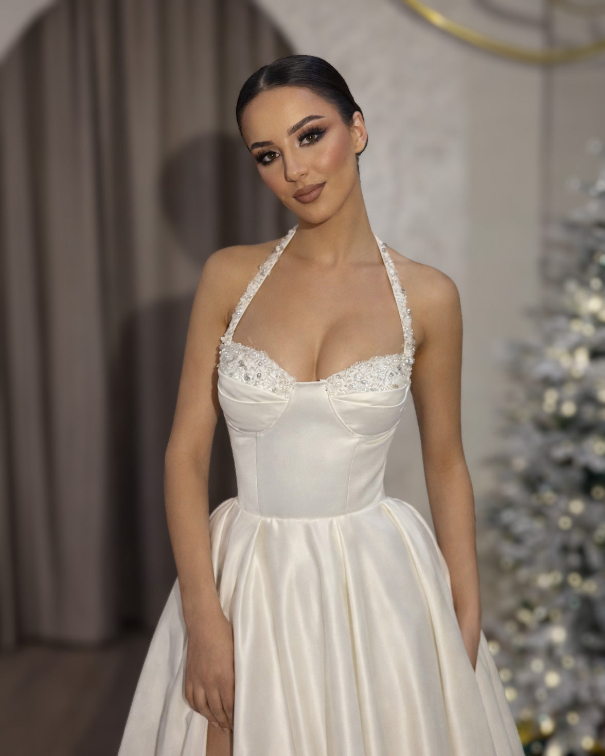 Ivory Halter Corset Bridal Gown with Flowing Skirt and High Slit