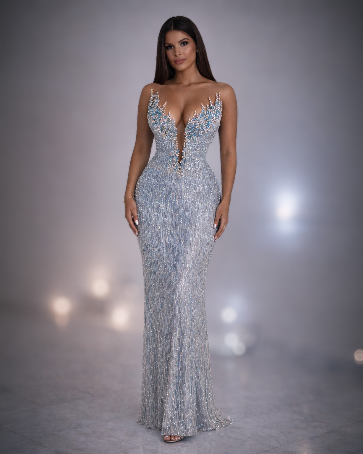 Ice Blue Crystal Beaded Illusion Evening Gown