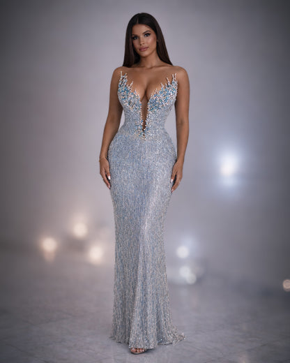 Ice Blue Crystal Beaded Illusion Evening Gown