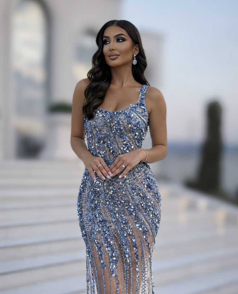 Blue Crystal Beaded Illusion Evening Gown