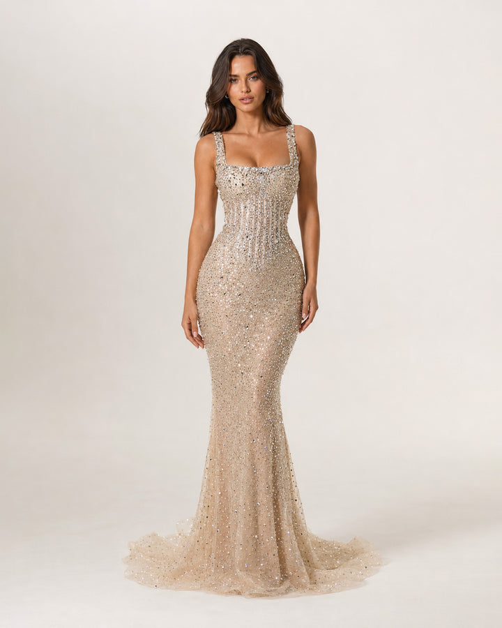 Champagne Crystal Beaded Corset Mermaid Gown