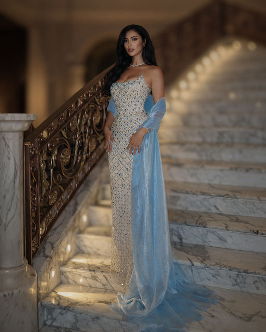Champagne Crystal Corset Gown with Blue Sheer Drape Train