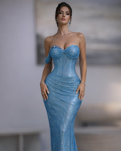 Blue Crystal Strapless Draped Evening Gown