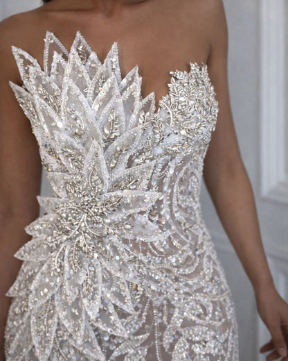 Ivory Crystal Strapless Bridal Dress with Asymmetrical Train