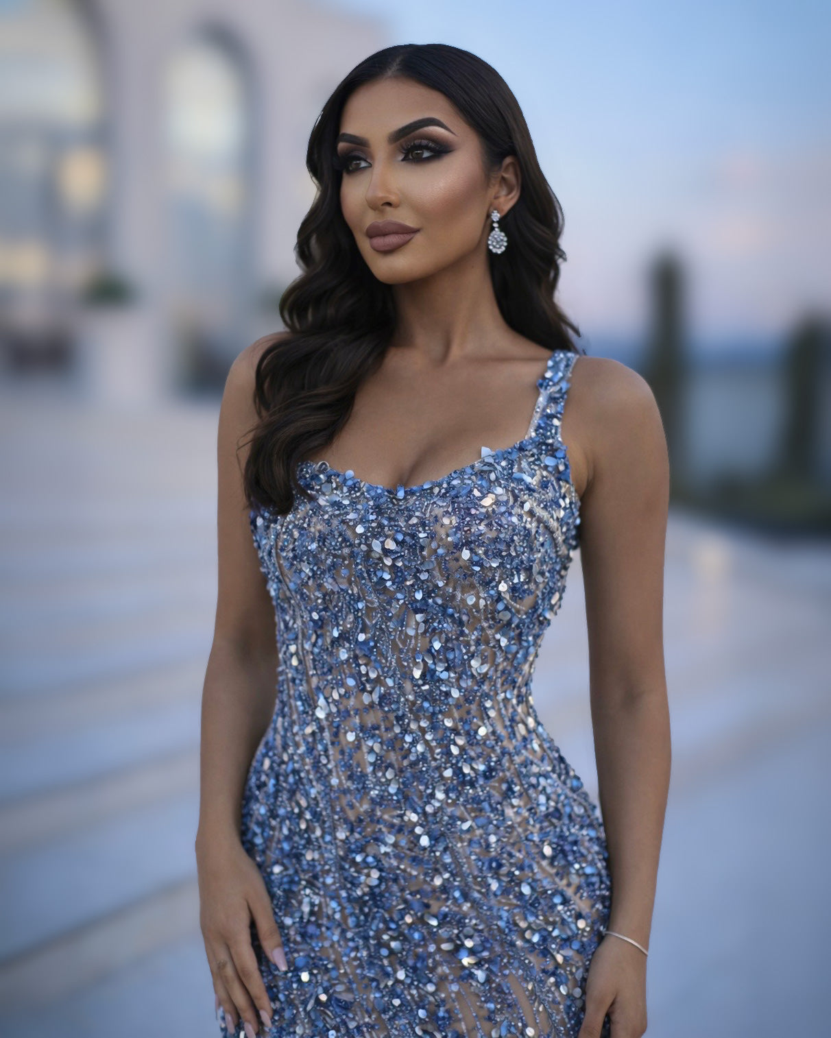 Blue Crystal Beaded Illusion Evening Gown