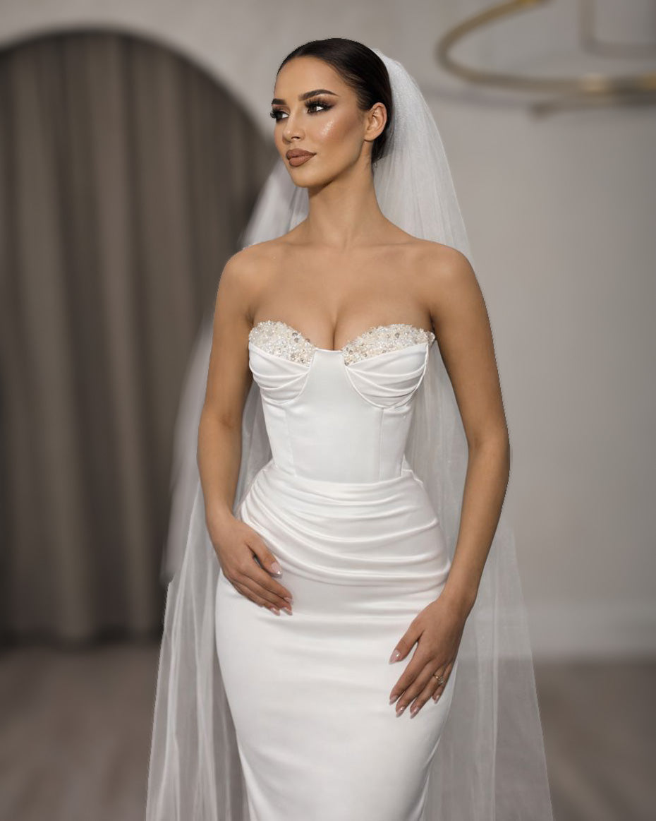 Ivory Crystal Bust Corset Bridal Gown with Sculpted Column Skirt