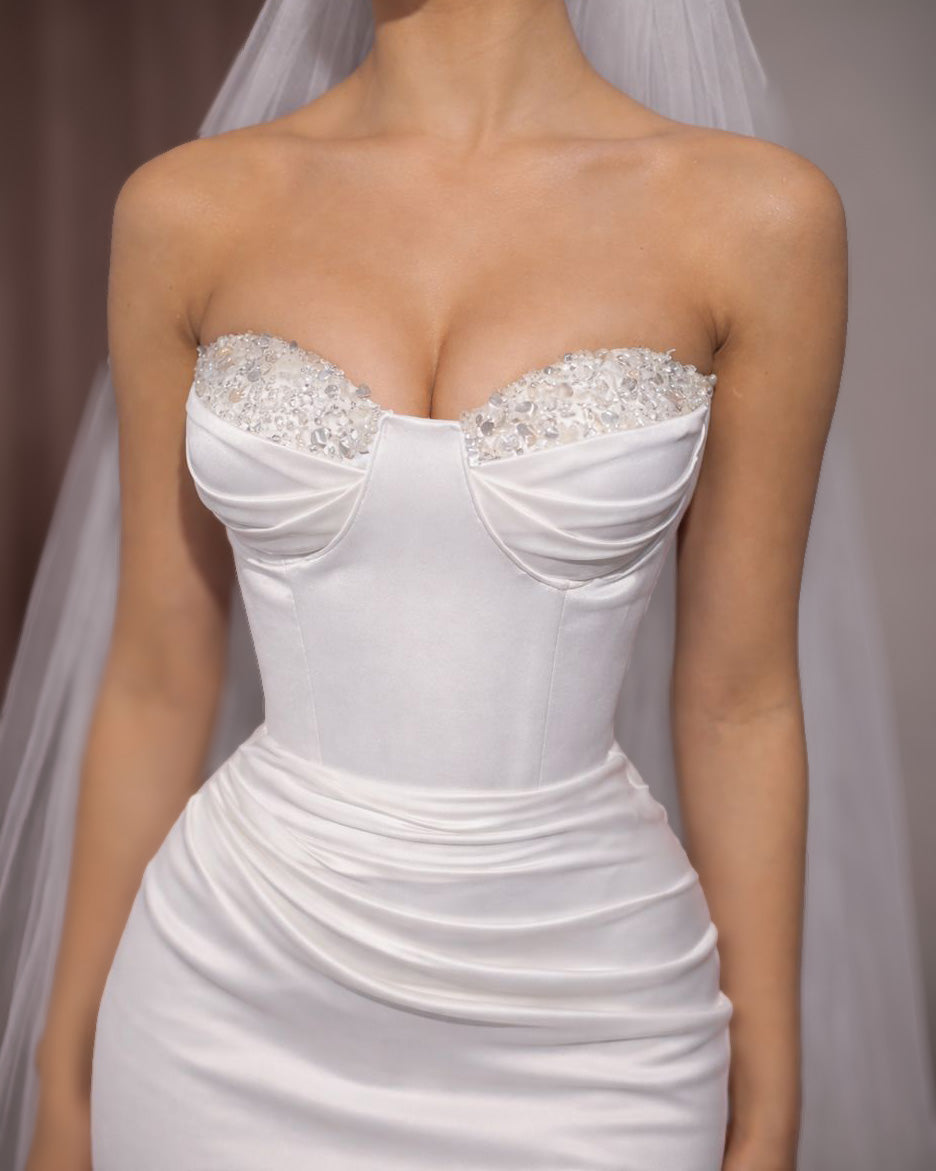Ivory Crystal Bust Corset Bridal Gown with Sculpted Column Skirt