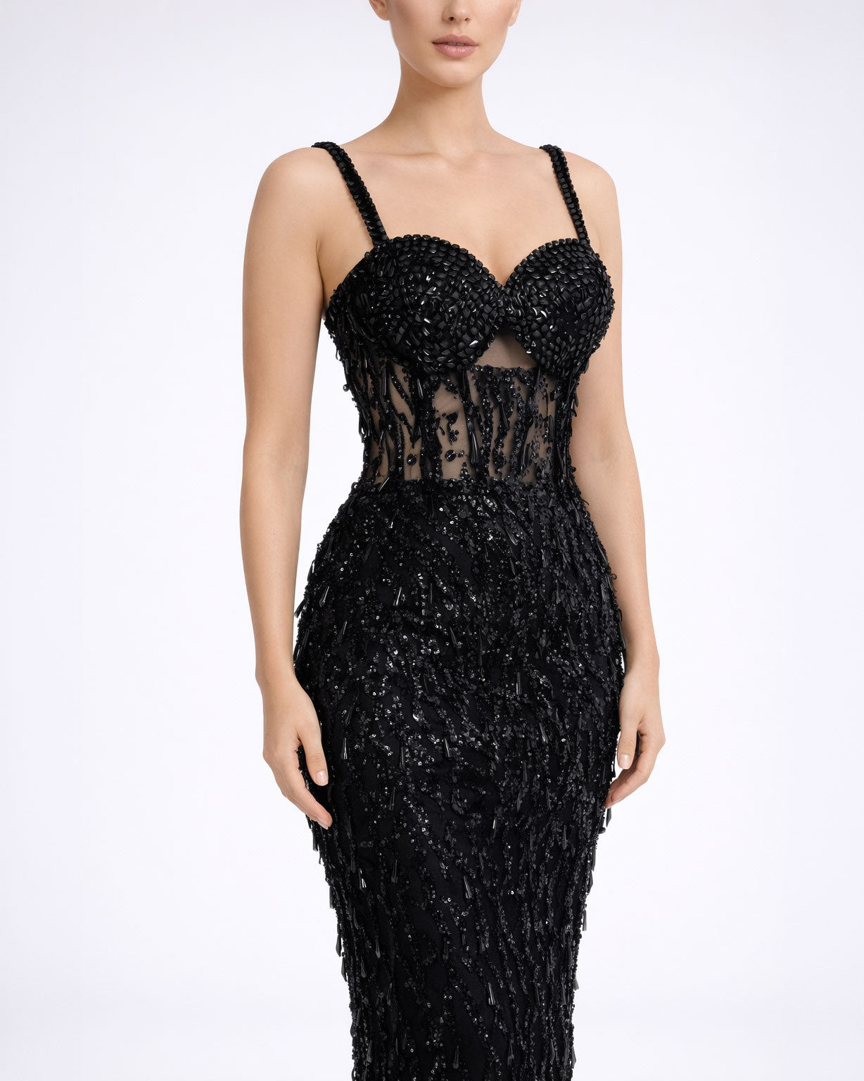 Black Embellished Illusion Corset Evening Gown